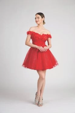Fiesta 10276 Glittering Floral Off Shoulder Short Dress With Tulle Skirt