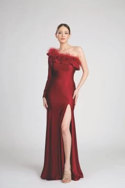 Fiesta 7401 One Shoulder Sleeve Feathered Dress -Norma Reed 7401 Burgundy