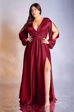 Gorgeous Plus-Size Long Gown With Slit Long Sleeves And Leg Slit #CD7475C