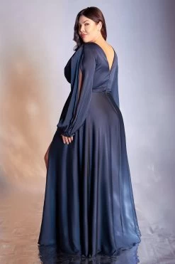 Gorgeous Plus-Size Long Gown With Slit Long Sleeves And Leg Slit #CD7475C -Norma Reed 7475C navy 2