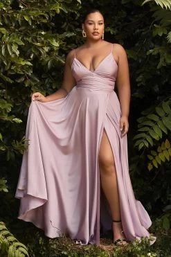 Simple And Elegant Plus-Size V-Neckline Satin Gown With Fitted Top #CD7485C