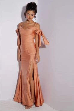 Eureka 9181 Ruched Off Shoulder Ribbon Tie Slit Leg Dress
