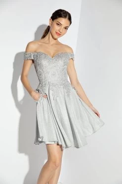 Eureka 9366 Lace & Sequin Shimmering Off Shoulder Short Dress -Norma Reed 9366SILVER 10 copy