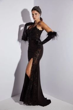 Eureka 9889 Stunning Sheer & Lace Slit Leg Dress | Black | Off White | Emerald | Red