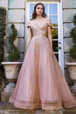 Cinderella Divine B715 Gorgeous Off Shoulder Rose Gold Ball Gown With Layered Skirt