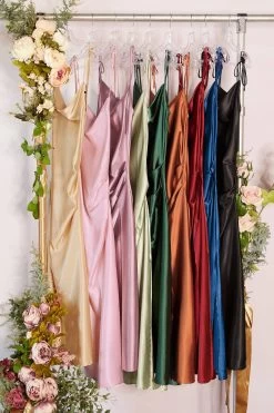 Cinderella Divine BD103 Satin Ruched Slit Leg Midi Dress -Norma Reed BD103 all colors