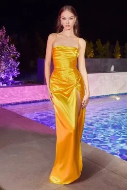 Cinderella Divine BD111 Ruched Satin High Slit Dress 9 Cinderella Divine BD111 Ruched Satin High Slit Dress -Norma Reed BD111 yellow