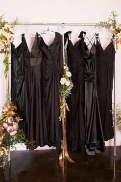 Cinderella Divine BD103 Satin Ruched Slit Leg Midi Dress -Norma Reed Black BD103 7469 7478 CD943 CH236 KC1850