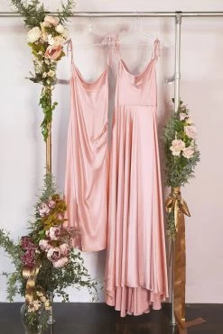 Cinderella Divine BD103 Satin Ruched Slit Leg Midi Dress -Norma Reed BlushA BD103 BD104 DUSTY ROSE