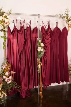 Cinderella Divine BD103 Satin Ruched Slit Leg Midi Dress -Norma Reed BurgundyA BD104 BD103 A0632 CJ523 7479 KC1850 7470 1 37e4b316 3781 4ffc a9e7 d7afa53b74ba