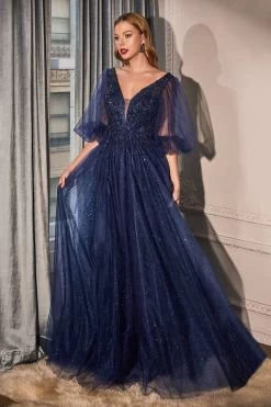 Long Flowing Gown With Shimmering Net #CDCD0182 -Norma Reed CD0182 navy