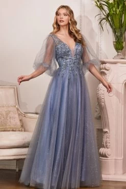 Long Flowing Gown With Shimmering Net #CDCD0182 -Norma Reed CD0182 smokyblue