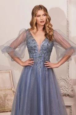 Long Flowing Gown With Shimmering Net #CDCD0182 -Norma Reed CD0182 smokyblue 1