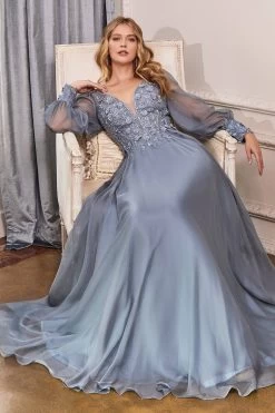 Cinderella Divine Ladivine CD0183 Gorgeous Chiffon Gown With Lace Petal Embroidery -Norma Reed CD0183 smokyblue