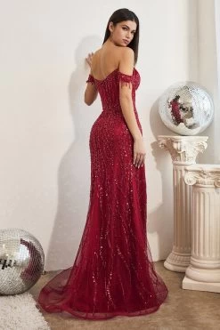 Cinderella Divine CD0203 Sparkling Sequin Off Shoulder Dress -Norma Reed CD0203 burgundy 1