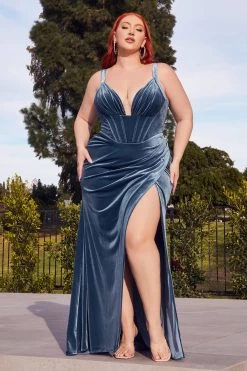 Cinderella Divine CD235 Velvet Corset Dress With High Leg Slit (Sizes 4 - 16) 5 Cinderella Divine CD235 Velvet Corset Dress With High Leg Slit (Sizes 4 - 16) -Norma Reed CD235C SMOKYBLUE