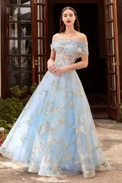 Cinderella Divine CD963 Off Shoulder Floral Tulle Blue Champagne Ball Gown
