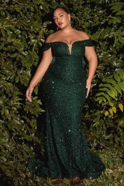 Cinderella Divine CD975C Plus Size Off Shoulder Sequin Mermaid Gown -Norma Reed CD975C emerald