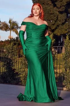 Cinderella Divine CD988 Off Shoulder High Slit Dress -Norma Reed CD988C emerlad