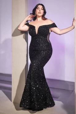 Cinderella Divine CD975C Plus Size Off Shoulder Sequin Mermaid Gown