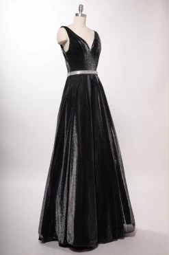 Aspeed Design D320 Shimmering Velvet A Line Dress With Crystal Stone Belt -Norma Reed D320BK SILVERF2