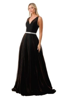Aspeed Design D320 Shimmering Velvet A Line Dress With Crystal Stone Belt