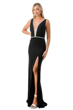 Aspeed Design D499 Crystal Embroidered Low Neck Slit Leg Dress