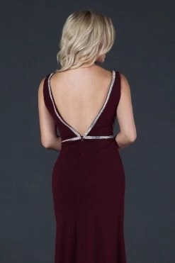 Aspeed Design D499 Crystal Embroidered Low Neck Slit Leg Dress -Norma Reed D499BURGUNDYB