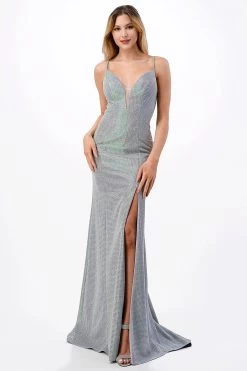 Aspeed Design D571 Metallic Silver Slit Leg Dress