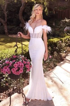 Cinderella Divine J824 Off Shoulder Feather Dress -Norma Reed J824W 2