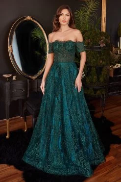 Cinderella Divine J835 Off Shoulder Lace Sequin Gown -Norma Reed J835 EMERALD
