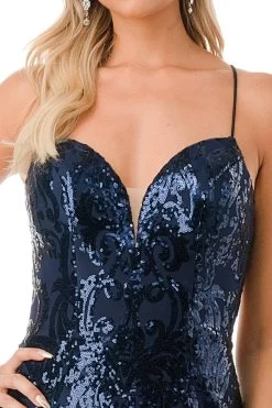 Aspeed Design L2819Y Sparkling Sequin Embroidered Slit Leg Dress -Norma Reed L2819YNAVYDT1