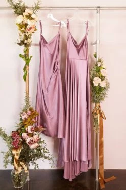 Cinderella Divine BD103 Satin Ruched Slit Leg Midi Dress -Norma Reed MauveC BD103 BD104