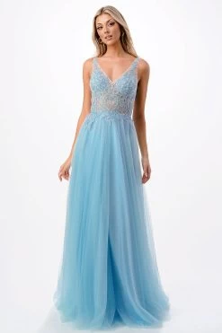Aspeed P2108 Light Blue Sparkling V Neck Lace & Sheen Gown With Tulle Skirt | 2 Colors