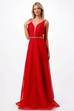 Aspeed P2115 Ruched Satin A Line Dress With Crystal Embroidery -Norma Reed P2115RED1