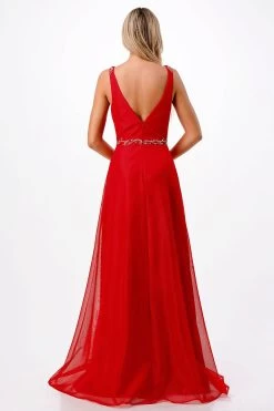 Aspeed P2115 Ruched Satin A Line Dress With Crystal Embroidery -Norma Reed P2115RED2