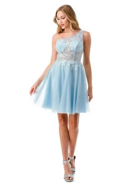 Aspeed S2723 Light Blue One Shoulder Lace & Sheer Short Dress