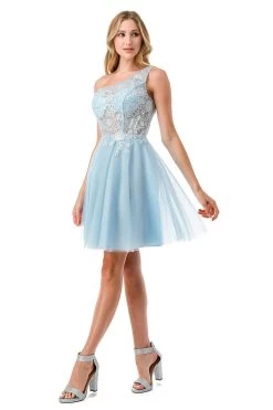 Aspeed S2723 Light Blue One Shoulder Lace & Sheer Short Dress -Norma Reed S2723L BLUE4