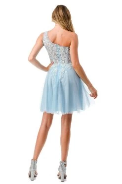 Aspeed S2723 Light Blue One Shoulder Lace & Sheer Short Dress -Norma Reed S2723L BLUE6