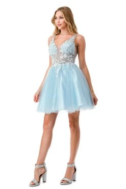 Aspeed S2724 Light Blue Lace & Sheer Short Dress With Tulle -Norma Reed S2724L BLUE3