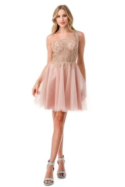 Aspeed S2746B Shimmering Rose Gold One Shoulder Short Dress