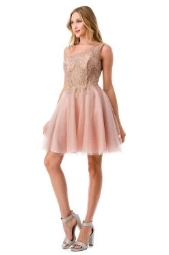 Aspeed S2746B Shimmering Rose Gold One Shoulder Short Dress -Norma Reed S2746BROSEGOLD4
