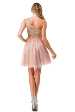 Aspeed S2746B Shimmering Rose Gold One Shoulder Short Dress -Norma Reed S2746BROSEGOLD6