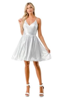 Aspeed S2750Y Stunning Pleated V Neck Short Dress | 6 Colors -Norma Reed S2750YSILVER1