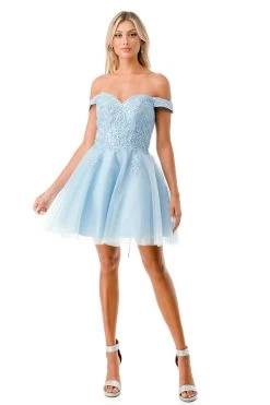 Aspeed S2752C Light Blue Off Shoulder Lace Floral Short Dress