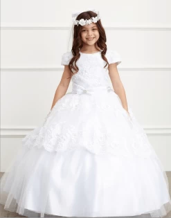 Sleeved Communion Lace Peplum Dress With Corset Back #TK1198 | Norma Reed