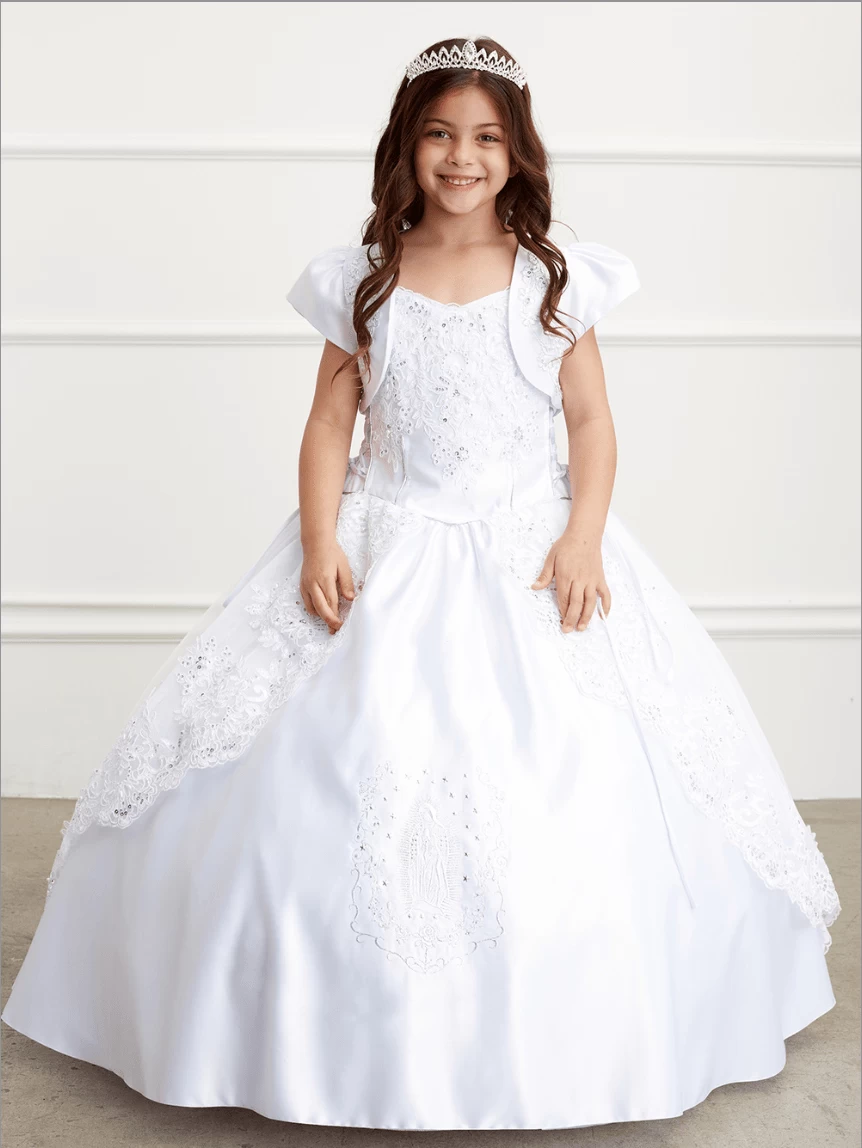 Kids Spaghetti Strapped Lace Communion Dress With Bolero Jacket #TK1199 | Norma Reed 1 Kids Spaghetti Strapped Lace Communion Dress With Bolero Jacket #TK1199 | Norma Reed