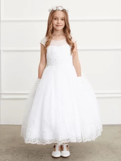 Kids Lace Embroidered Communion Dress With Illusion Neckline #TK5819 | Norma Reed