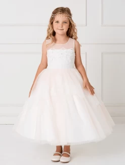 Kids Elegant Sleeveless Illusion Neckline Dress With Lace Applique #TK5794 | Norma Reed -Norma Reed ScreenShot2022 03 30at12.26.26PM