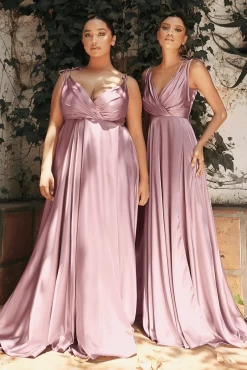 Cinderella Divine BD105 Satin Pleated V Neck Slit Leg Dress